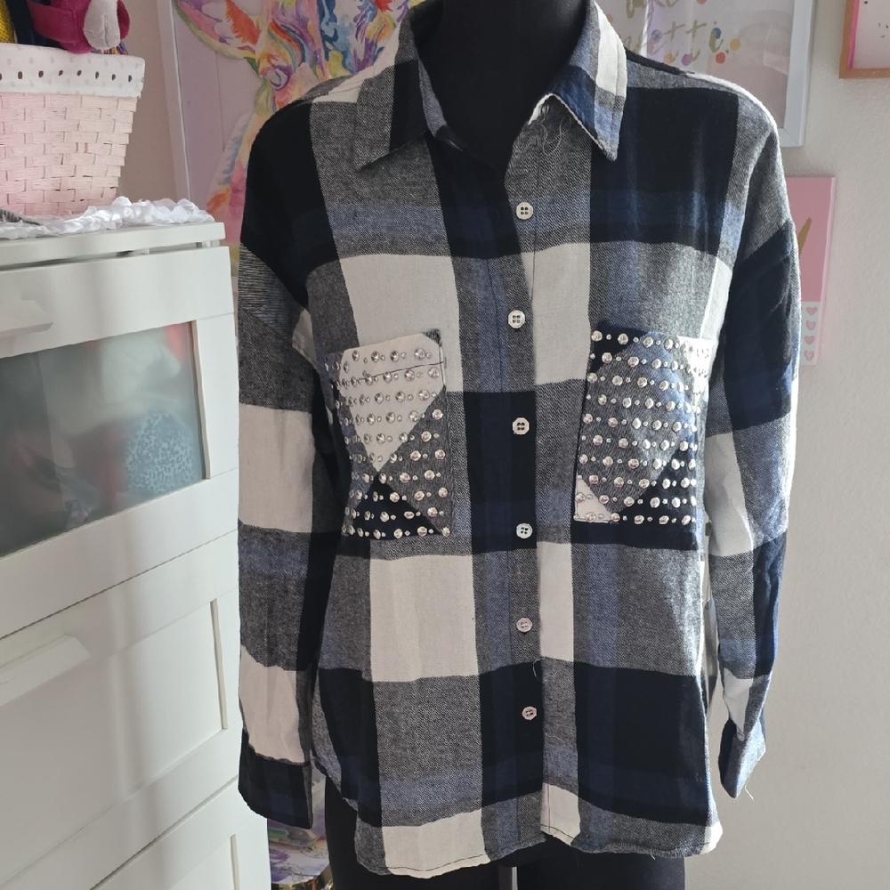 Black and White Oversized Embellished Button Down Shirt